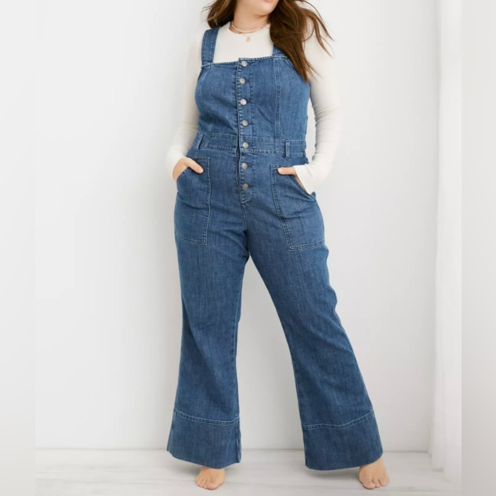 aerie Blue Denim Button-Front Wide-Leg Jumpsuit
